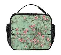 KLL Borsa tote per il pranzo da donna, impermeabile, borsa termica con tracolla e portabottiglie, riutilizzabile, per scuola e università, sfondo verde chiaro con un sacco di piccoli fiori rosa su di