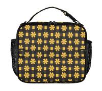 KLL Borse per il pranzo da donna a tenuta stagna portatile Lunch Box da uomo tracolla regolabile riutilizzabile Tote Bag per scuola/picnic Nero e giallo motivo a scacchi fiori