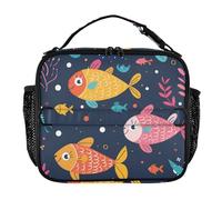 KLL Borse termiche per il pranzo con tasche con cerniera, borsa termica per il pranzo da donna, tracolla e portabottiglie, borsa termica per lavoro e scuola con simpatici pesci