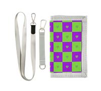 KLL Buffalo, portafoglio da viaggio da uomo, a quadri, con cuori, verde e viola, a tre pieghe, regalo per giovani, leggero, con fermasoldi e cordino