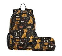 KLL Carino Cartoon Dogs Giocoso Giallo Nero Zaino Per La Scuola Con Borsa Pranzo (scenario) Ragazzi Zaini E Lunch Box 10-12