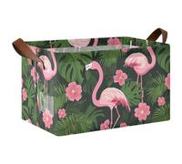 KLL Cestini portaoggetti con fenicotteri tropicali, foglie di palma, fiori rosa vibrante, per mensole, cubi, con manici, grandi organizer decorativi per armadio, scaffale, armadio, libreria