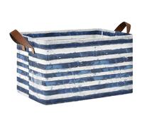 KLL Cestini portaoggetti in tessuto decorativo a righe orizzontali blu e bianche con manici, robusto organizer per armadio per organizzare vestiti, jeans, libri, confezione da 2