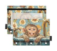 KLL Chic Rhesus Monkey Macaque Retro Vasca da Bagno Astuccio 3 Anelli Tasca per 3 Fori Raccoglitore Sacchetti con Impermeabile per Ufficio Casa Viaggio Carte Storage Container