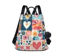 KLL Colorful Patch Work Hearts Fashion antifurto zaino leggero da lavoro per le donne per lo shopping quotidiano del college con portachiavi Pom-pom