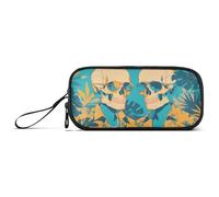 KLL Cool Human Skulls Orange Green Leaves Nylon Big Pencil Bag High Capacity College Pencil Case Stationery Organizer per Preppy School Woman