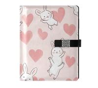 KLL diario foderato in pelle notebook notebook college a righe per diario delicato rosa chiaro cuore - a forma di cartone animato conigli bianchi 6,7 × 9,5 cm