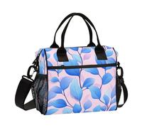 KLL Foglie Blu Sfondo Rosa Eco-Friendly Crossbody Borsa Pranzo con Tracolla Lunch Box per Ragazze Teen per Università bolsos de almuerzo para Mujeres