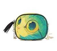 KLL Gatto con gli occhi grandi giallo verde blu nero borsa a tracolla per gli uomini trendy con tracolla regolabile piccola borsa a tracolla avere un pasto