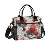 KLL Giornale Burning Red Roses Retro Robusta Borsa per il pranzo Heavy Duty con tracolla Lunch Boxes per le donne per Picnic lonchera para Hombre de Trabajo