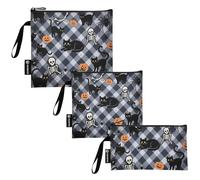 KLL Halloween nero a scacchi zucca gatto teschio confezione da 3 sacchetti riutilizzabili per panini e snack borsa portatile per il pranzo per amici del campeggio e attrezzatura