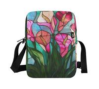 KLL Hot Pink Calla Lilies Stained Glass Style mens messenger bag Vegan Leather cross body bag Travel Shoulder Bags