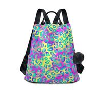 KLL Leopard Rainbow Color Zaini di moda per le donne alla moda zaino borsa per le donne per lo shopping quotidiano del college con portachiavi Pom-pom