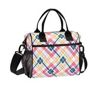 KLL Peach Yellow Plaid Lines Fresh Impermeabile Lunch Boxes con Tracolla Borse Pranzo Adulto per le Donne per Outdoor loncheras térmicas para Mujer