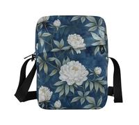 KLL Peonie bianche su uno sfondo blu scuro piccola borsa messenger per gli uomini in pelle vegana sopra le borse a tracolla per gli uomini Borse a tracolla da viaggio