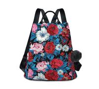 KLL Peonie e margherite rosso moda laptop zaino leggero da viaggio per le donne per lo shopping quotidiano universitario con portachiavi Pom-pom