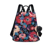 KLL Peonie, Rose E Margherite Rosso Moda rosa zaino antifurto per laptop per le donne per lo shopping quotidiano universitario con portachiavi Pom-pom