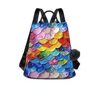 KLL Pittura a olio colorata di squame di pesce Zaini di moda per adolescenti zaino multiuso per le donne leggero per lo shopping quotidiano del college con portachiavi Pom-pom