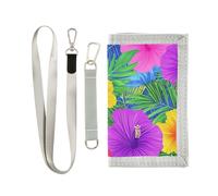 KLL Portafogli a tre ante con fiori tropicali hawaiani, foglie di palma, colori fluo, per carte di credito e contanti, da donna, stile pop casual, con cordino