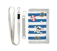 KLL Portafogli a tre ante con teschio pirata costiero a righe bianche blu con fermasoldi per viaggi cool casual portafoglio da viaggio per uomo con cordino