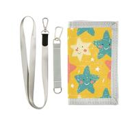 KLL Portafoglio da uomo a tre pieghe con viso carino con stelle, per regalo di compleanno, minimalista, robusto portafogli con fermasoldi con cordino