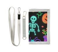 KLL Portafoglio da uomo con clip a tre ante a forma di zucca di Halloween, colori fluorescenti, regalo fresco, unico e robusto, portafoglio da viaggio da uomo con cordino