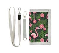 KLL Portafoglio da uomo con fenicotteri tropicali, foglie di palma, fiori rosa vibrante, portafoglio a tre ante per viaggi minimalista robusto portafoglio sottile da uomo con cordino