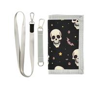 KLL Portafoglio da viaggio a tre ante con teschi bianchi e stelle gialle di Halloween, regalo di compleanno, minimalista, casual, con cordino