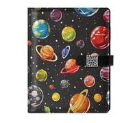 KLL quaderni a spirale foderati in pelle college a righe notebook per la pianificazione portatile sfondo nero con un sacco di piccoli pianeti dei cartoni animati 6.7×9.5.1 cm