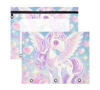KLL Raccoglitore per matite con cerniere lisce, cartella in plastica per raccoglitori a 3 anelli, confezione da 2 pezzi, per studenti di classe, simpatici unicorni, cuori glitterati