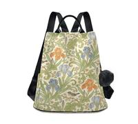KLL Retro Iris Bird William Morris Beige Zaino alla moda per le donne zaino scuola alla moda per le donne per lo shopping quotidiano universitario con portachiavi pompon