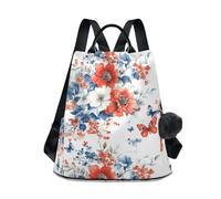 KLL Rosso Bianco Acquerello Peonie Farfalla Zaini alla moda per le donne Zaino da viaggio alla moda per le donne per lo shopping quotidiano del college con portachiavi Pom-pom