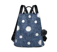 KLL Rotondo macchie bianche su uno sfondo blu denim moda antifurto zaino multiuso per le donne lavoro per lo shopping quotidiano universitario con portachiavi pompon
