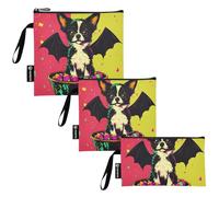 KLL Sacchetti multiuso da viaggio riutilizzabili con cerniera, motivo: cane con ali di pipistrello, per Halloween, confezione da 3 pezzi, per caramelle, frutta, cereali, organizzazione domestica