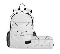 KLL Set zaino e borsa per il pranzo per ragazze adolescenti con viso di gatto dalla linea audace | Set zaino e portapranzo, borsa per la scuola e portapranzo per ragazzi 10-12
