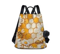 KLL Sfondo a nido d'ape con api e margherite Zaino alla moda scuola media multiuso zaini per laptop per le donne per lo shopping quotidiano del college con portachiavi Pom-pom