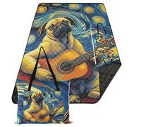 KLL Starry Guitar Brown Pug Dog impermeabile Park Blanket Packable Beach Big Picnic Coperta per 8 a 10 adulti Coppie Regalo alfombra de picnic