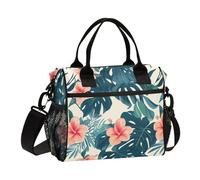 KLL Stile tropicale Foglie Verdi Fiore Rosso Termico Delle Donne Tote Pranzo con Tracolla Grande Borsa Pranzo per Le Donne per la Scuola Materna Bolsa almuerzo para Mujer