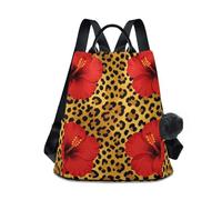 KLL Summer Leopard Red Flowers Zaino alla moda per college zaino casual per donne college per viaggi, lavoro, tutti i giorni con portachiavi pompon