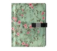 KLL taccuino foderato in pelle diario notebook notebook in pelle per lavorare sfondo verde chiaro portatile con un sacco di piccoli fiori rosa su di esso 6.7×9.5.1 cm