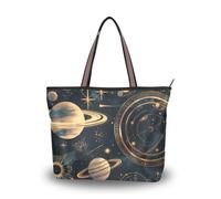 KLL tessuto di seta con cerniera donna tote bag trendy borse estive per le donne per lo shopping Unique Planet Stars Black and Gold Simple Line size 39,9x29 cm, Unique Planet Stars Black and Gold