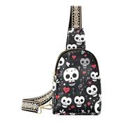 KLL Trendy Funny Skull Heart Black piccolo marsupio carino per le donne tracolla in pelle per il giorno pack