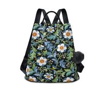 KLL William Morris Blue Flowers Zaino alla moda per adolescenti zaino da viaggio multiuso per donne per viaggi, lavoro, tutti i giorni con portachiavi con pompon