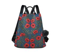 KLL William Morris Red Alabia Poppy Pattern Fashion zaino per computer portatile multiuso da lavoro zaino da donna per viaggi, lavoro, tutti i giorni, con portachiavi con pompon