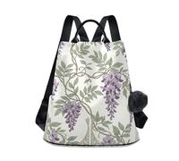 KLL William Morris, zaino da donna alla moda, con fiori di glicine, alla moda, alla moda, per viaggi, lavoro, tutti i giorni, con portachiavi con pompon