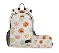 KLL Zainetto colorato di zucca di caramelle di Halloween per la scuola con il sacchetto del pranzo (scenario) borsa di scuola ragazzo 9-10 anni