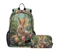 KLL Zainetto con borsa per il pranzo coniglietto uovo fiore Pasqua | Libreria con portapranzo per ragazzi, borsa per la scuola e portapranzo, set per ragazzi di età compresa tra 8 e 10 anni
