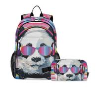 KLL Zainetto con Lunchbox Per Ragazzi Carino Cartoon Panda Stripe Arcobaleno | Set di borse scolastiche, borsa per la scuola e portapranzo per ragazzi di età compresa tra 8 e 10 anni