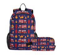 KLL Zainetto per scuola e pranzo con camion dei pompieri rosso su blu navy | Set di zaini e portapranzo, per ragazzi dai 7 ai 10 anni