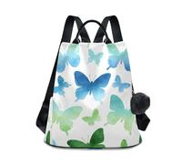 KLL Zaini alla moda per le donne multiuso con farfalla ad acquerello verde blu zaino carino per le donne per lo shopping quotidiano del college con portachiavi Pom-pom